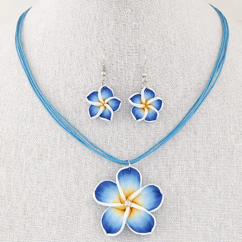 Women\'s sweet Plumeria Flowers Jewelry Sets Polymer Clay Fimo Earrings  Pendant Necklace