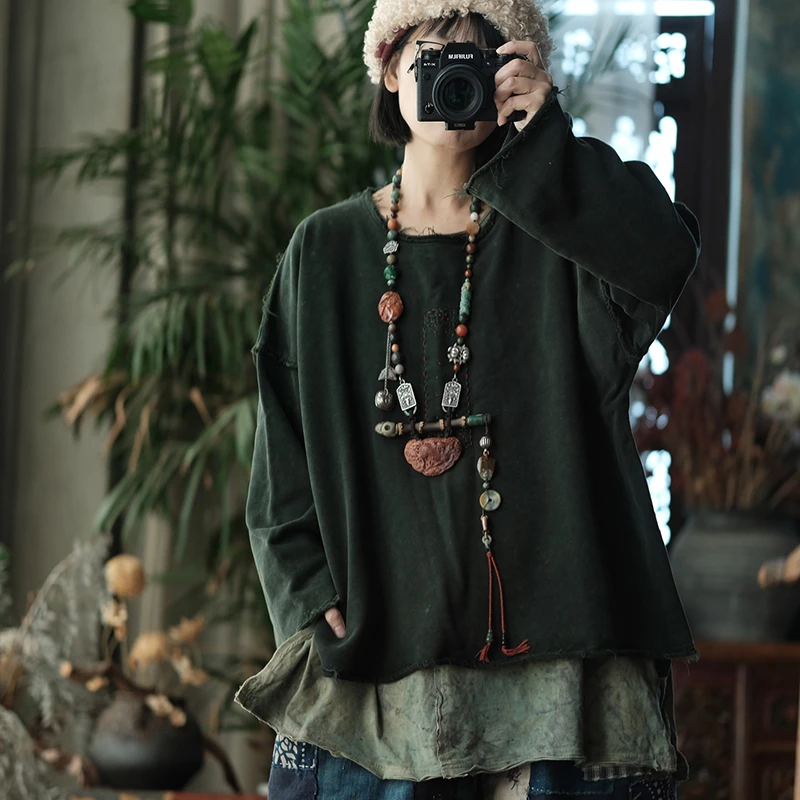 

Женская повседневная футболка из 100% хлопка с длинным рукавом, Новое поступление, осень 2022, винтажный стиль, свободные женские черные топы с круглым вырезом, футболки M2203