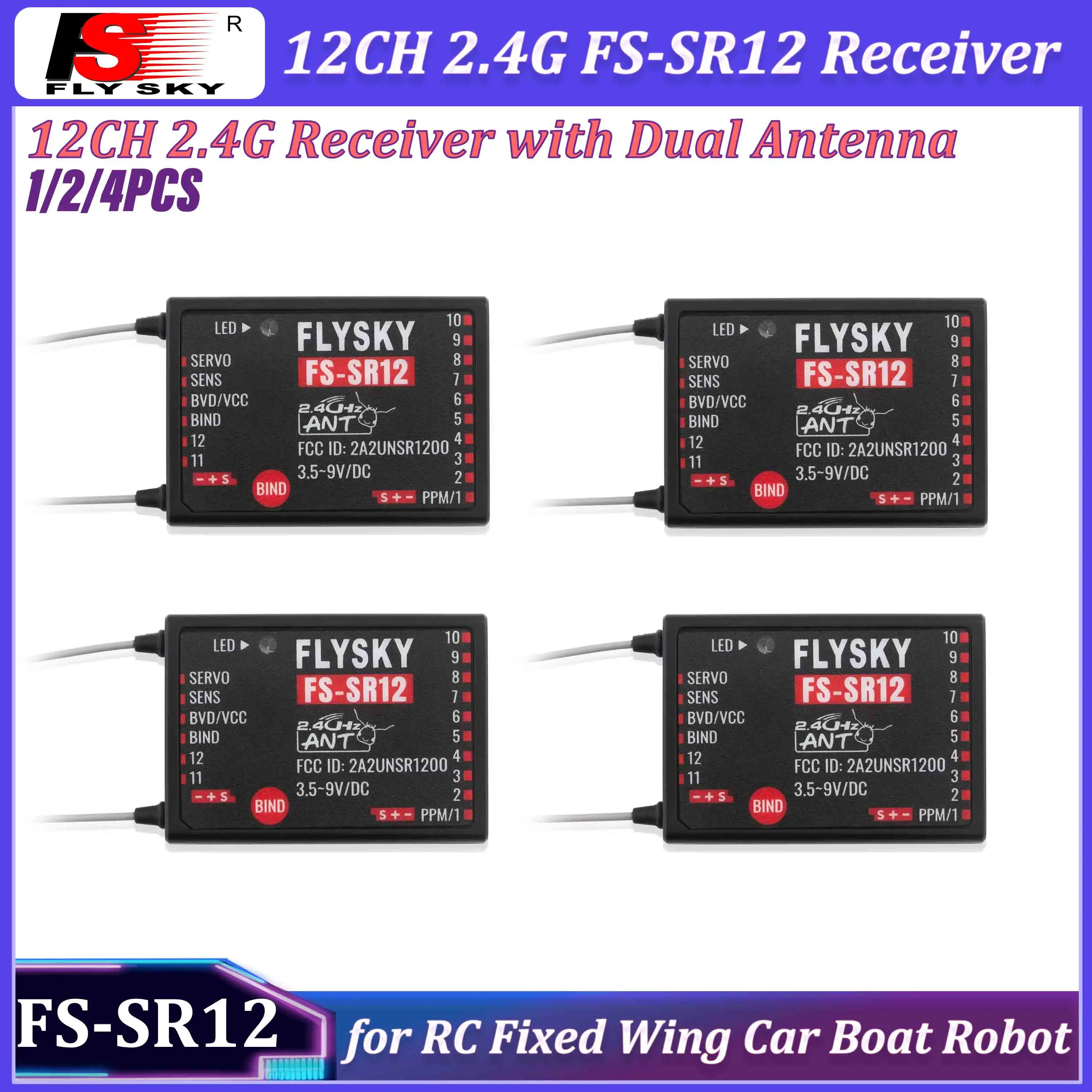 ตัวรับสัญญาณ FLYSKY FS-SR12 1/2/4 ชิ้น 12 ช่อง 2.4G พร้อมเสาอากาศคู่ สำหรับรถบังคับวิทยุ โมเดลเครื่องบิน หุ่นยนต์ ของเล่น รองรับโปรโตคอล ANT