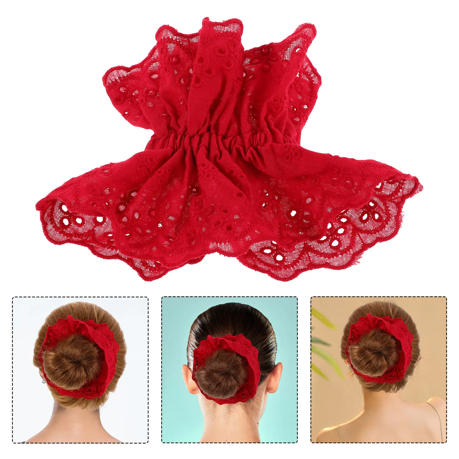 Red Double Layer Lace Hair Ties Elastic Scrunchies Ponytail Holders Floral Hairbands for Women Hairstyling Updos