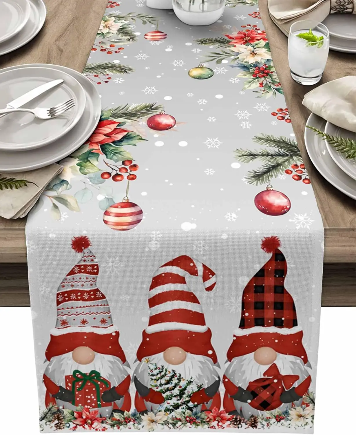Świąteczne gnomy Poinsecja Kulki Lniany bieżnik na stół Dekoracje świąteczne Zimowy świąteczny bieżnik na stół kuchenny Dekoracje świąteczne