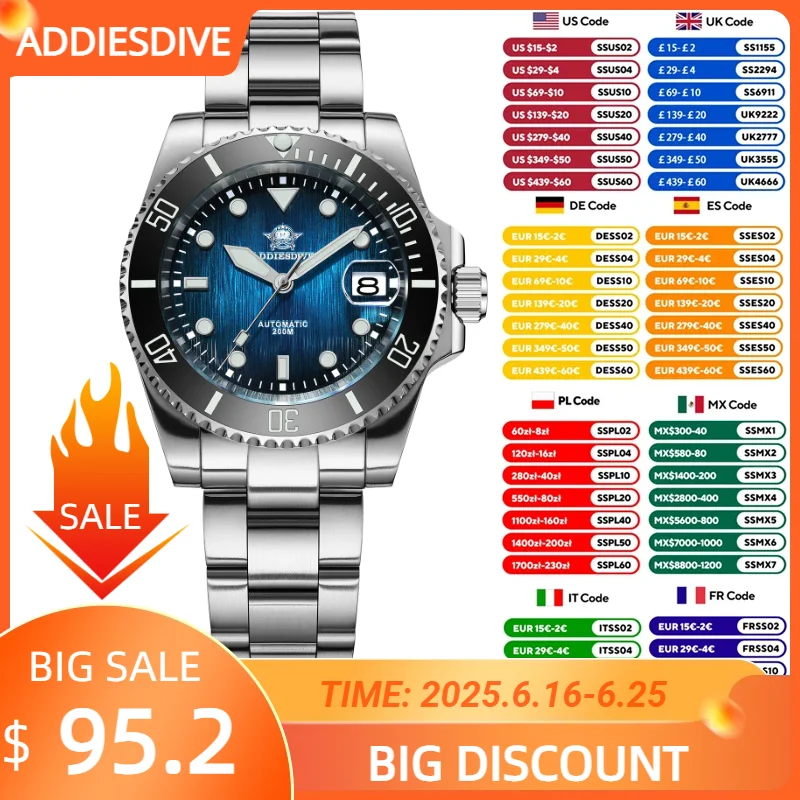 

ADDIESDIVE Luxury Men's Watch NH35A Sapphire Crystal Sunburst Dial BGW9 Luminous Waterproof Automatic Mechanical Watches AD2078