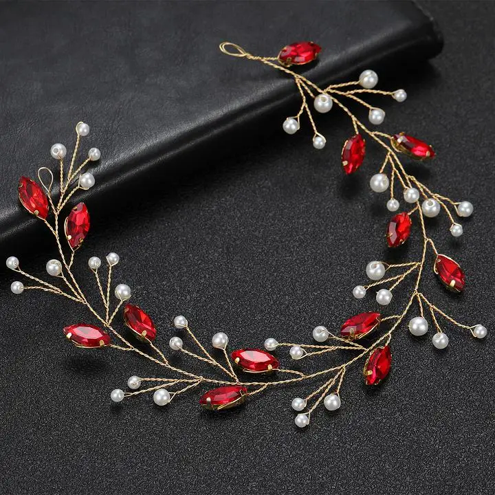 Trendy Rhinestoen Wedding Handband Red Handmade Pearl Bridal Headpiece Hair Accessories Blue Party Headdress Tiaras