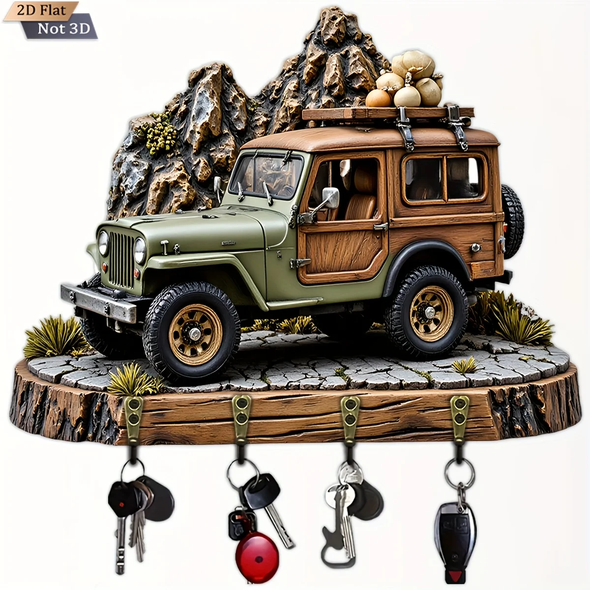 2D Flat, 1pc, Retro Off-Road Style Key Hook Wooden Multifunctional Home Key Holder with Four Metal Hooks, Wall Decoration,