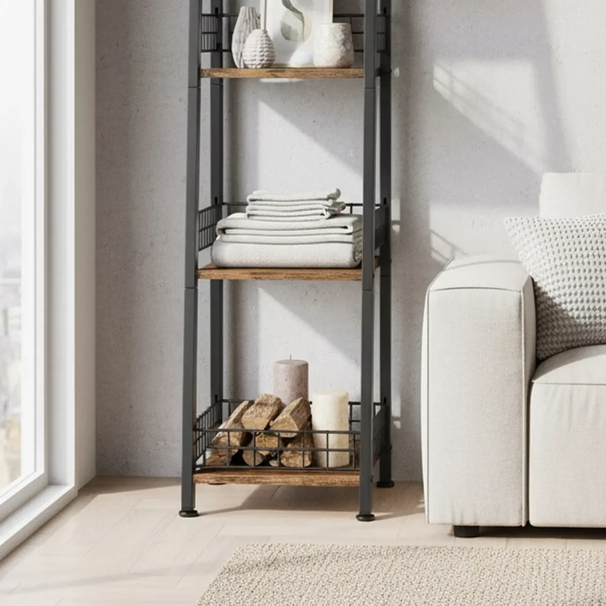 4 Tier Rustic Brown Ladder Shelf with Drawer Narrow Bathroom Storage Organizer for Small Spaces