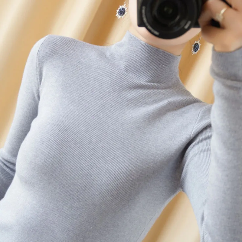 Autumn Winter Women Pullovers Half High Collar Casual Slim Fit Thin Bottoming Shirt Sweaters Grey Black Blue Jumper Knitwear