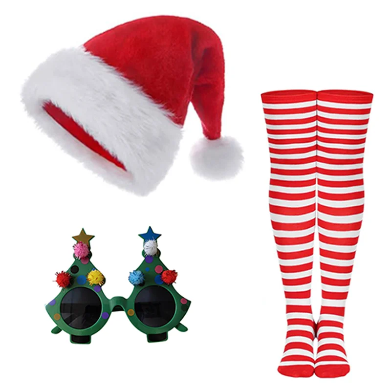 Santa Claus Cosplay Hat,Glasses and Striped Long Socks Green Christmas Tree Unisex Halloween Carnival Prop Accessories