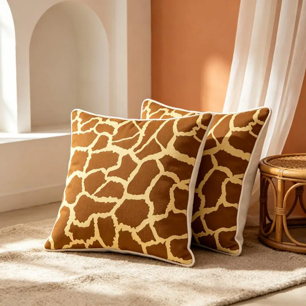 1PC Giraffe Print Pillow Cover, Brown Beige Animal Skin Pattern Polyester Cushion Case for Sofa Living Room Home Decor
