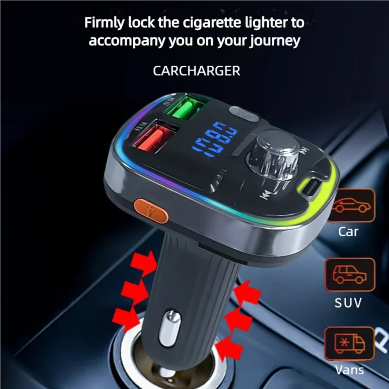 Car Bluetooth MP3 Receiver with Lossless Sound, 7-Color Ambient Light, AUX Input Adapter, Cigarette Lighter Socket & USB 3.1A Fa