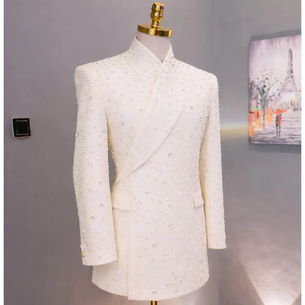 Exquisite Beaded Men's Slim Fit Tuxedo 2 Pieces Wedding Groom Sets New Jacquard Elegant Suit Set Business Party Outfit