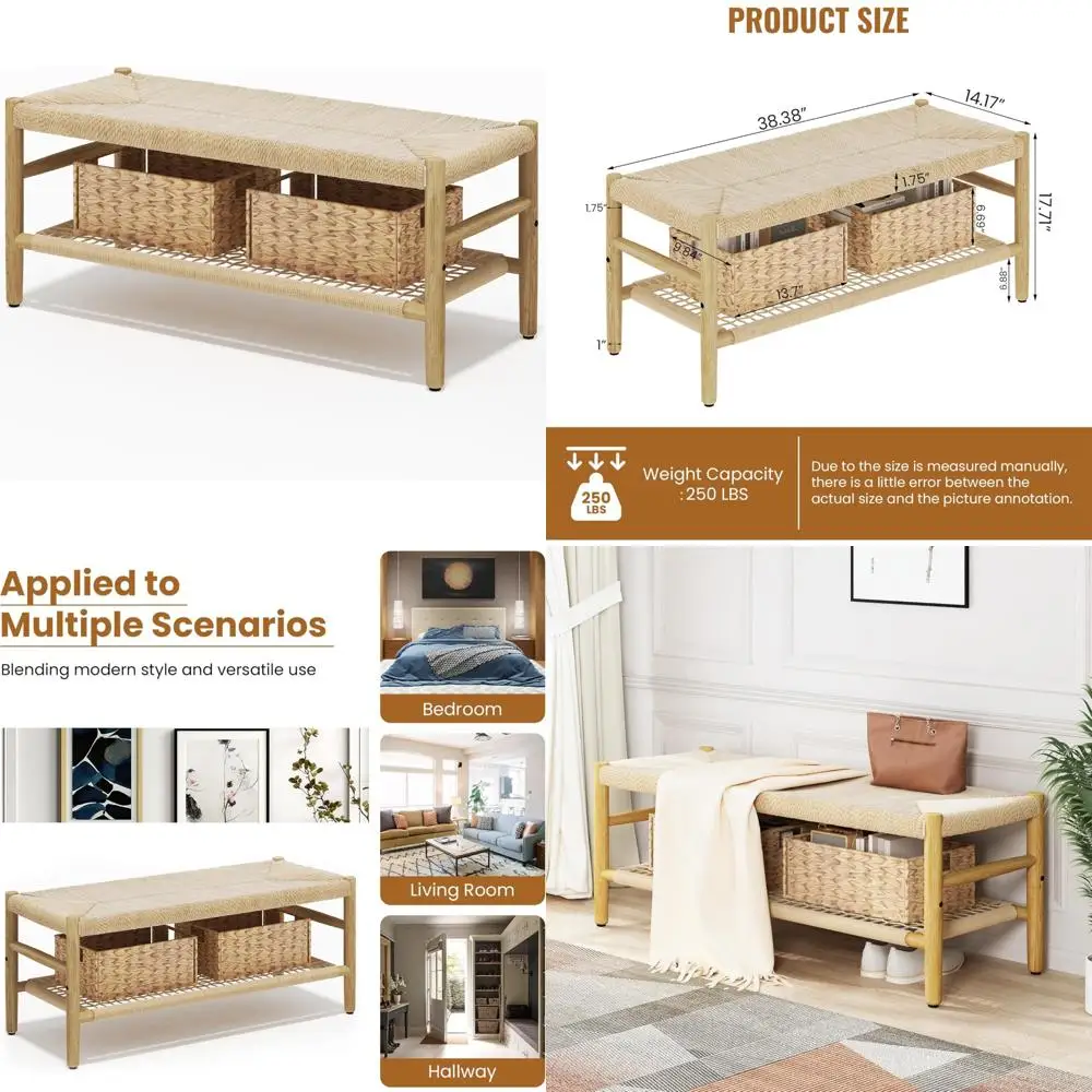 

Скамья в прихожей в стиле середины века с полкой для хранения, пуфиком из бумажного шнура и двумя корзинами для современной организации дома