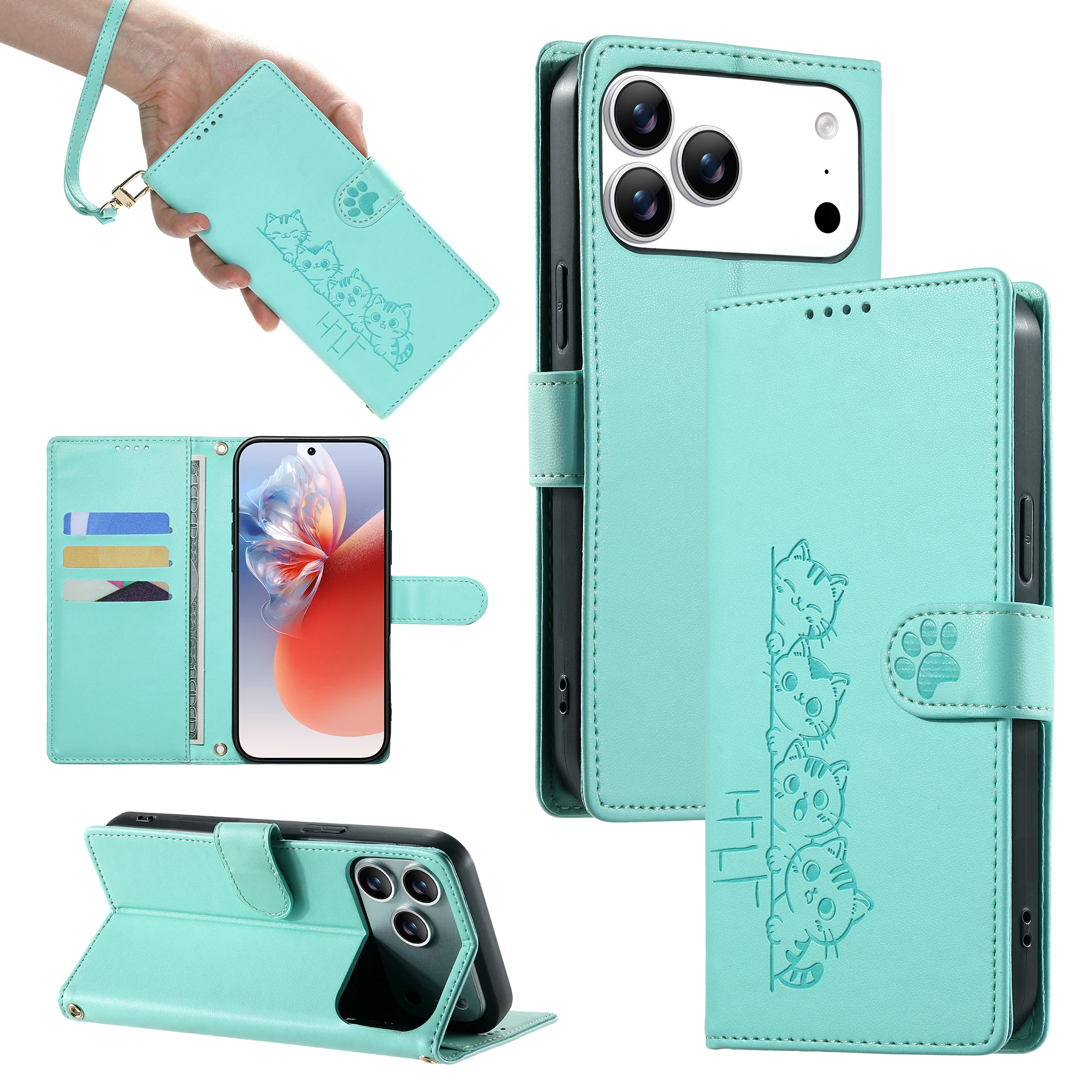Crossbody Leather Flip Case For Samsung Galaxy A72 A52 A32 A22 A12 A71 A51 Cute Cats Lanyard Wallet 3 Cards Phone Cover