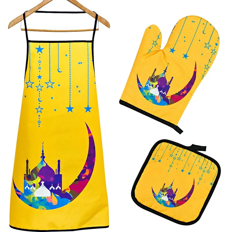 

3 Piece Kitchen Oven Chef Apron Mitts and Pot Holder Print Apron for Men and Women Gift,Oven Mitts and Potholders Non Slip Grip