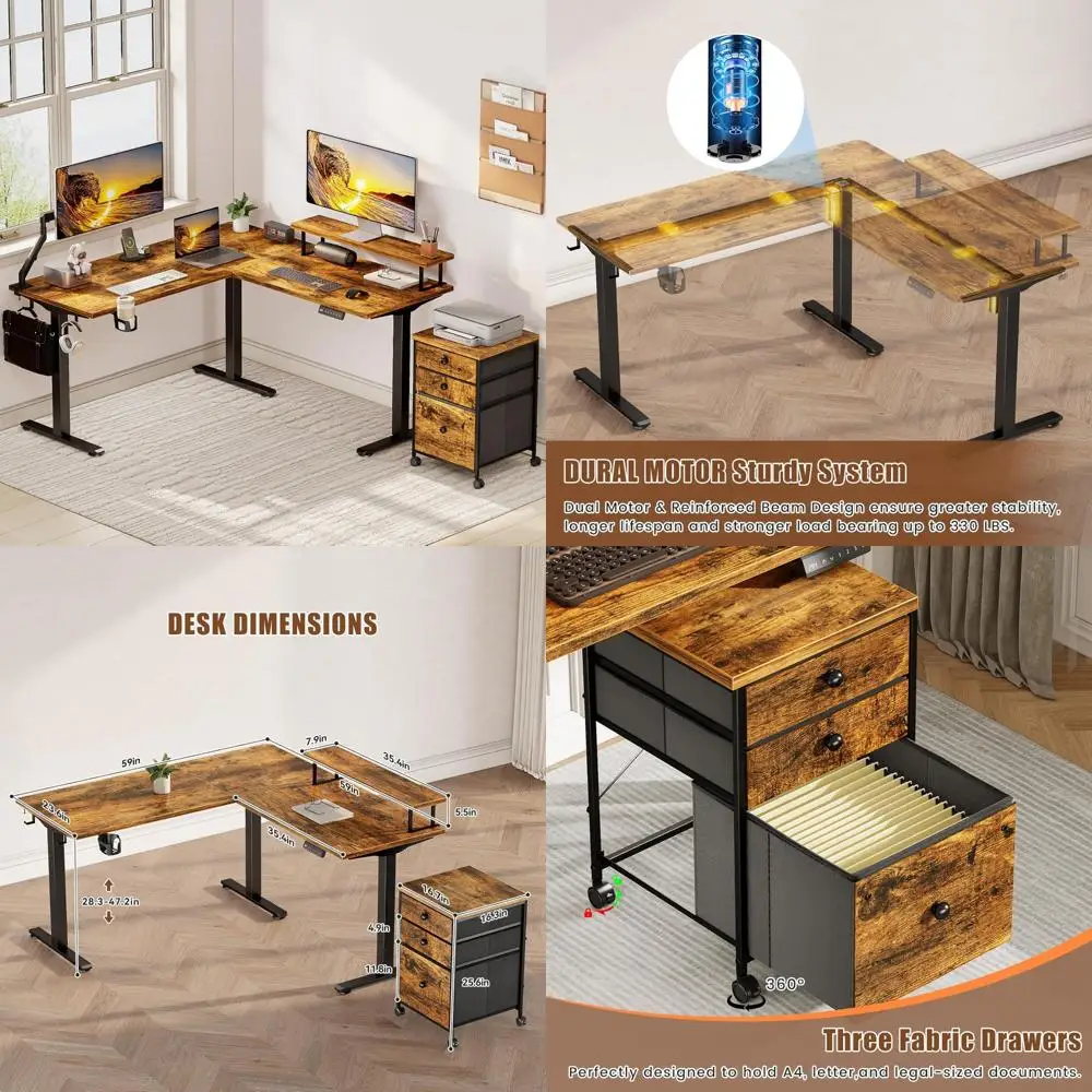 

Electric L-Shaped Standing Desk with File Cabinet, 59x59 Corner Computer Desk, Dual Motor Adjustable Height Desk