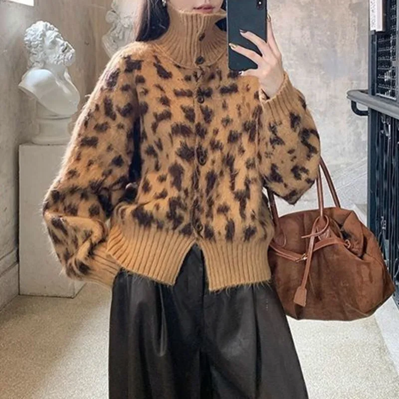 

Leopard Print Knitted Long Sleeved Cardigan Sweater Women Autumn Winter Fashion Multiple Styles Soft Loose Single Breasted Coat