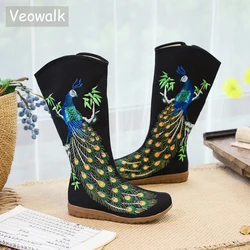 Veowalk Autumn Old Beijing Peacock Sequins Cotton Embroidered Woman Casual Mid Boots Ladies Platform Canvas Shoes Botas Mujer