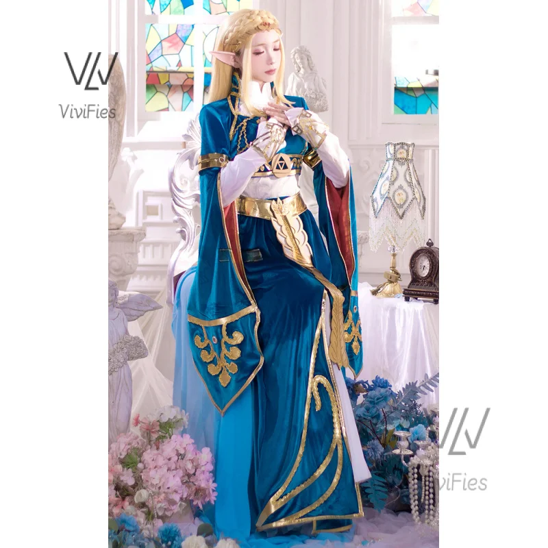 2025 NEW Blue velvet princess dress Zelda cosplay costume woman top skirt outfit full set Halloween Christmas Carnival Suit