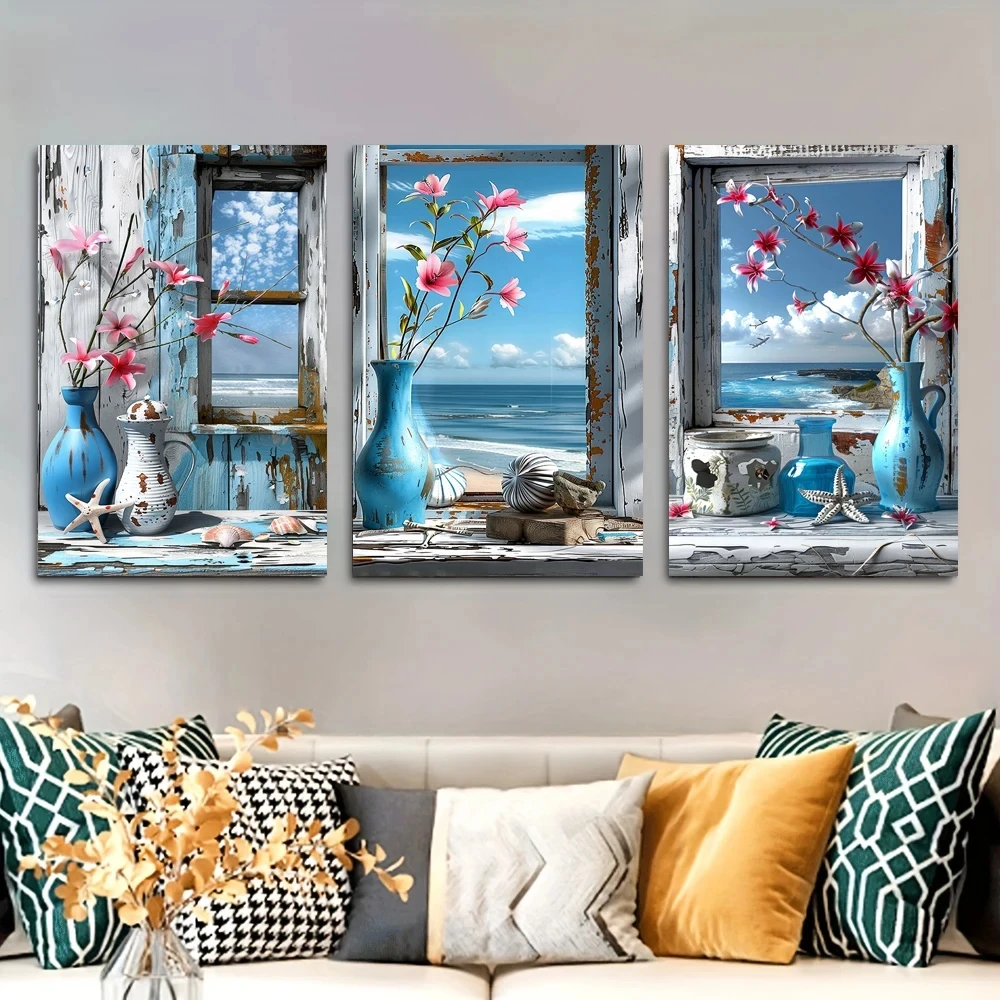 

Seascape With Shells By Window 3pcs Diy Diamond Painting Full 5D Square Round Mosaic Diamond Embroidery Home Decor Triptych
