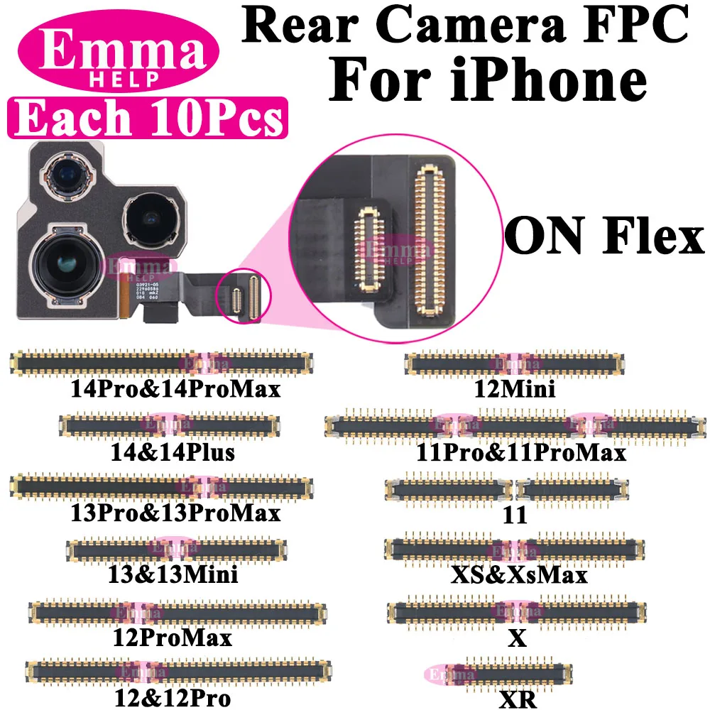 10Pcs Back Rear FPC camera FPC Connector for iPhone 11 12 13 14 Pro Max Plus XS On Flex Logic Board Flex Cable Phone Accessories