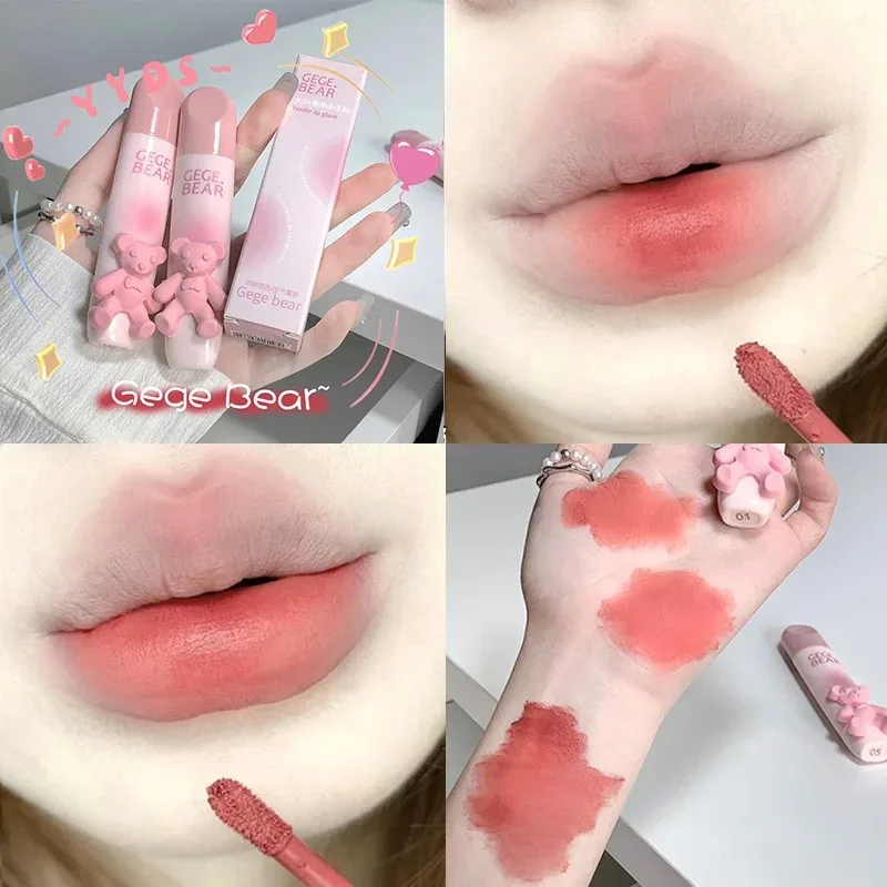 6 Color Girl\'s Velvet Matte Lipstick Blush Waterproof Long Lasting Cute Bear Lipgloss Non-Stick Cup Makeup Lip Tint Mud Cosmetic