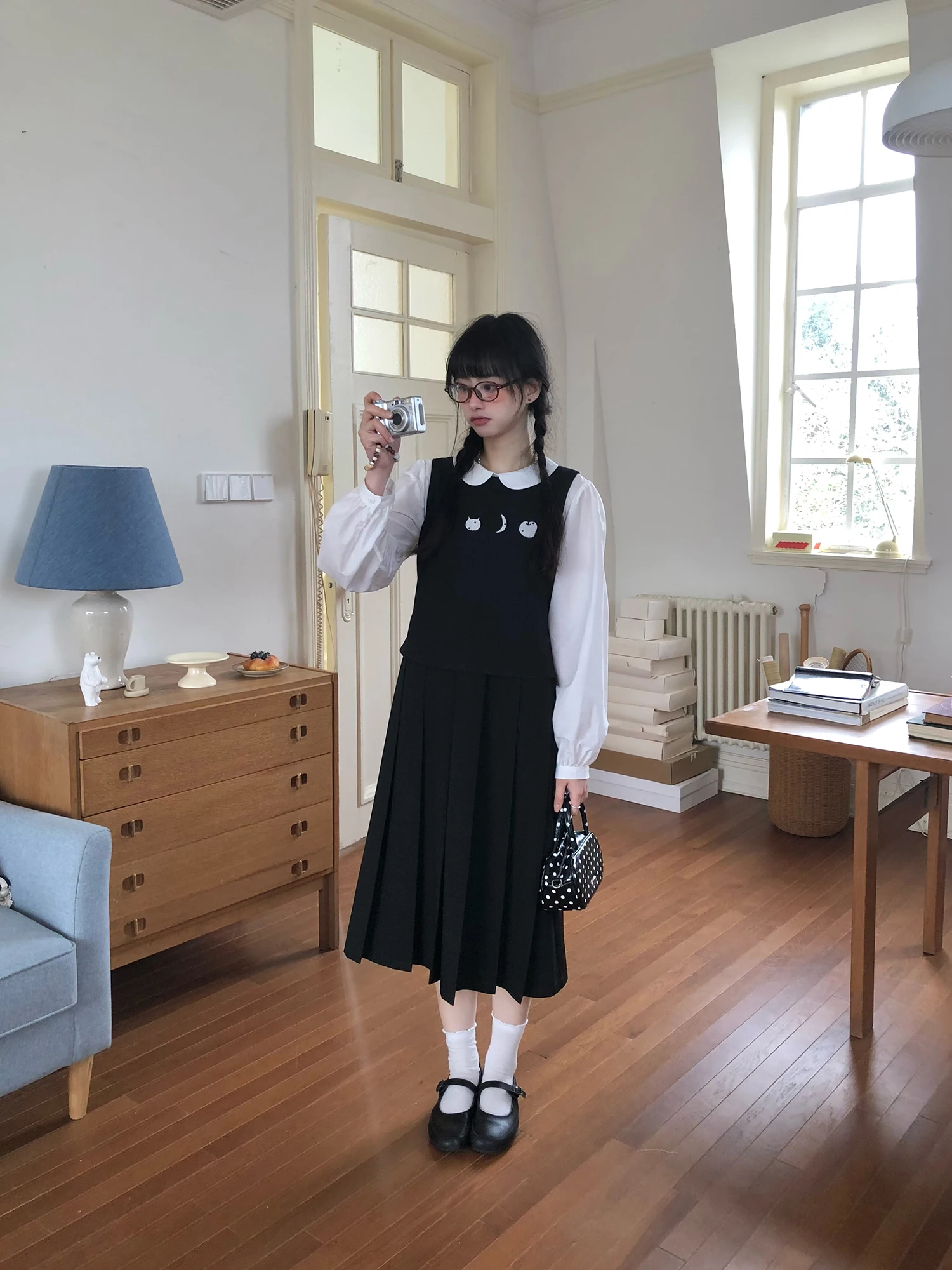 

Hey an Nai Nai Bla Patchwork Embroidered Vest Skirt Women's College Sle A-Line Svel Waist-Cinched Midi Skirt