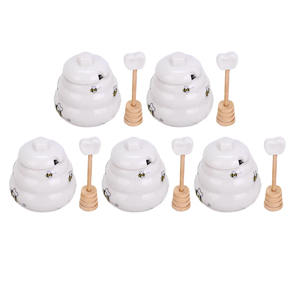 

3Pcs Ceramic Honey Pot Jar Set Premium Kitchen Container Creative with Lid Dipper Honey Storage Gift