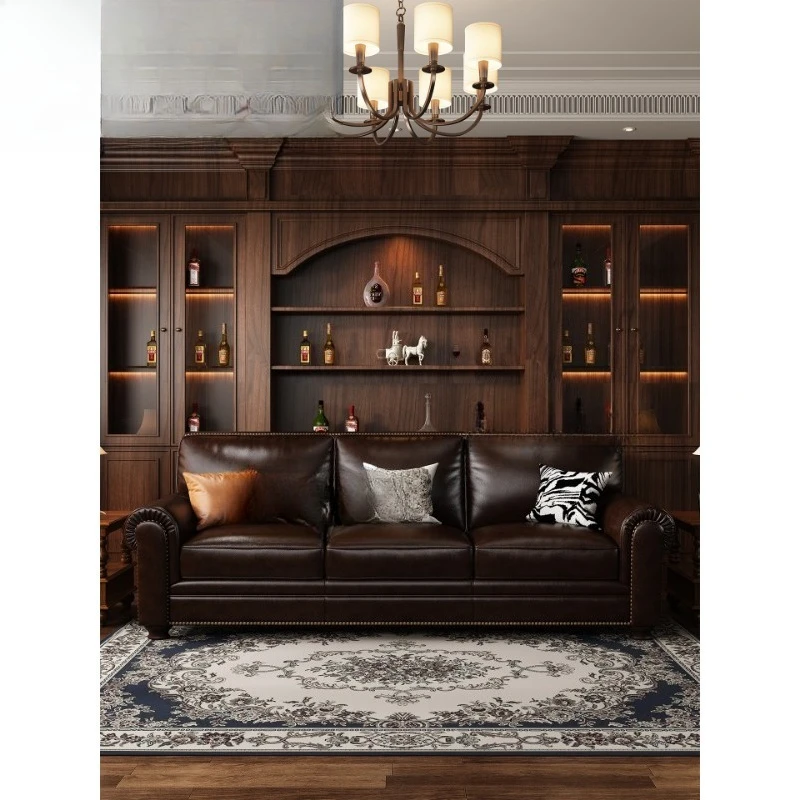 Американский стиль, ретро, масляный воск, кожаная мебель для гостиной, виллы, первый слой воловьей кожи, прямой ряд, диван для трех или четырех человек