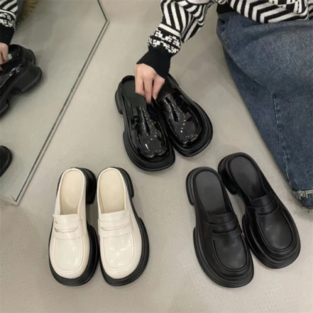 Loafers Female Shoes Cover Toe House Slippers Platform Low Big Size Slides 2024 Synthetic PU Hoof Heels Rome Rubber Fabric