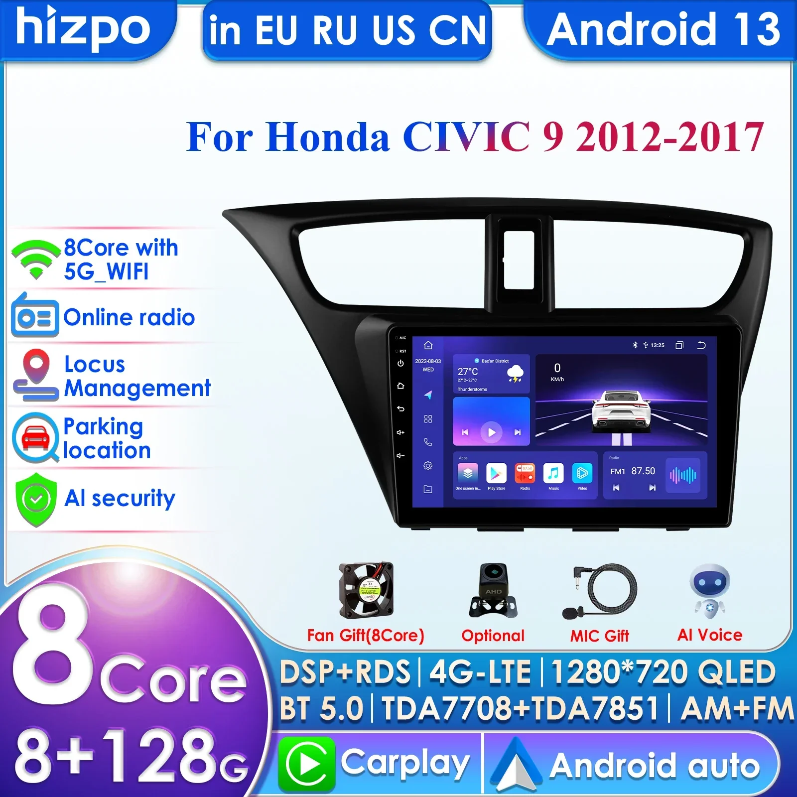 Hizpo 360 Camera Carplay 4G 2 Din Android 13 Car Radio for Honda Civic 9 FK FB 2012 - 2017 Multimedia Video Player GPS DSP WIFI