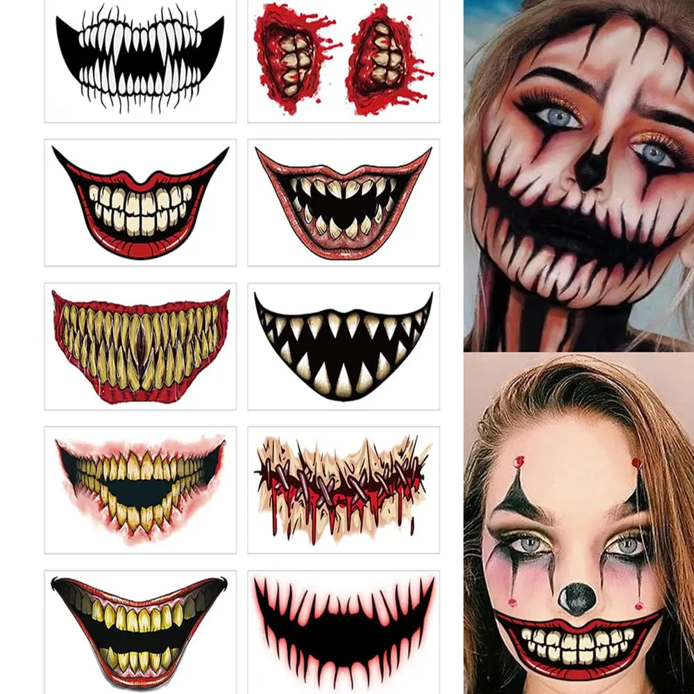 

10pcs Halloween Mouth Tattoo Stickers Prank Props Makeup Costume Accessories Face Kit Cosplay Party Horror Temporary Tattoo