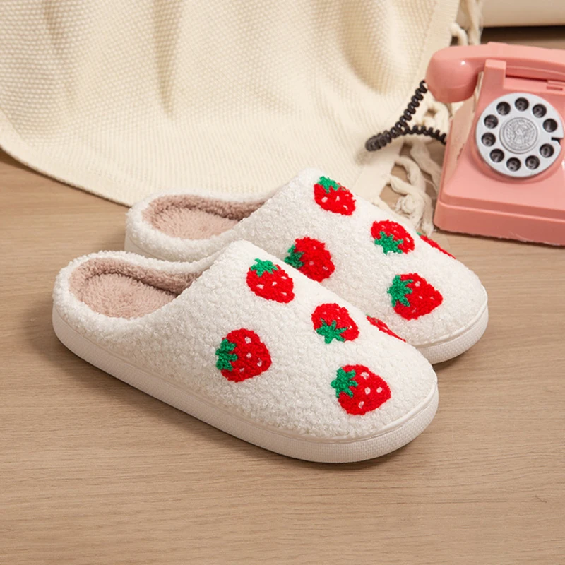 Strawberry Women's Slippers House Flat Winter Designer Woman Shoes Couple Indoor Fluffy Slides Non-Slip Floor Soft Sole Big Size view 3