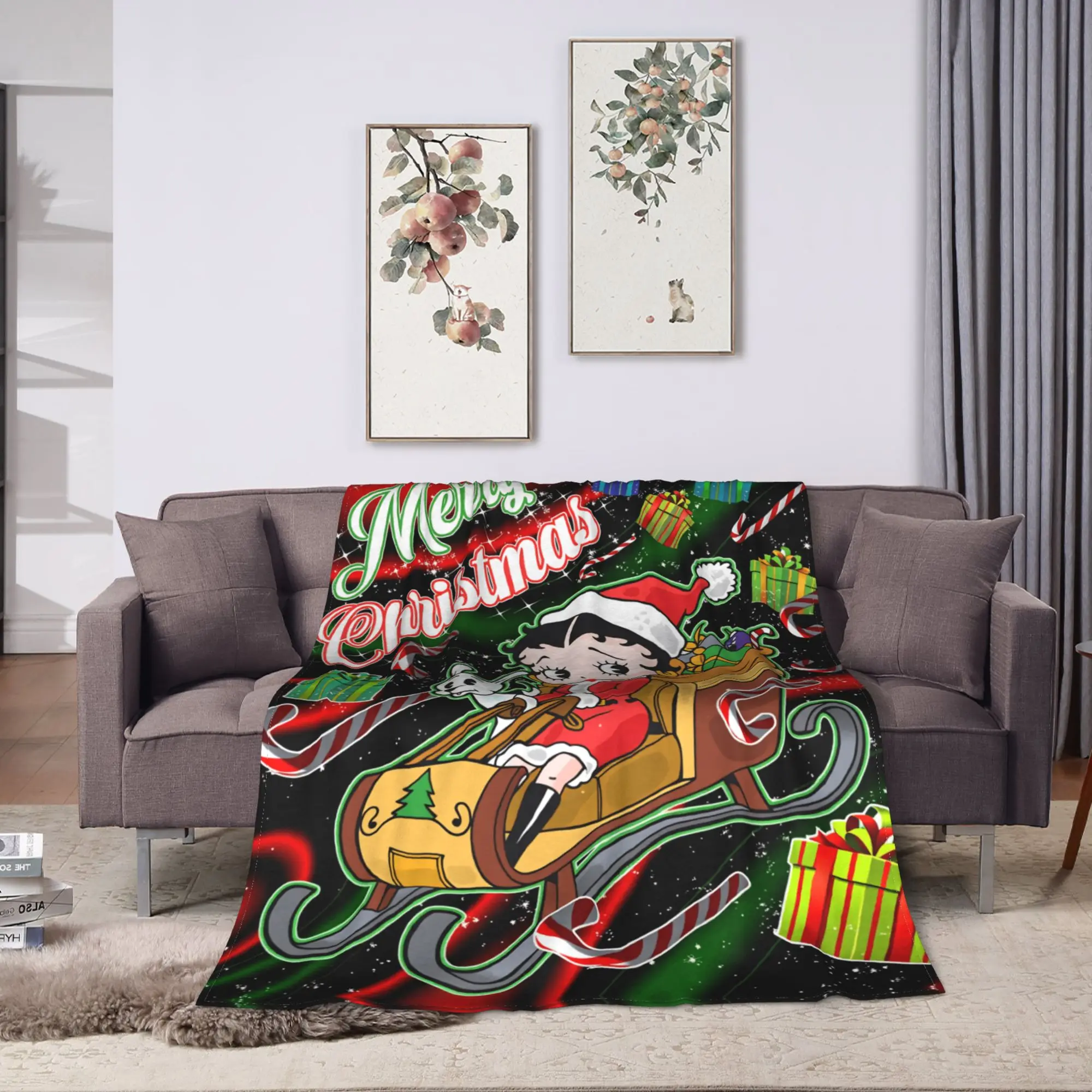 B-Bettys Boops Merry Christmas (2) Flannel Blanket  Warm Soft Throw Blanket for Bedroom Picnic Novelty Bedspread Sofa Bed Cover
