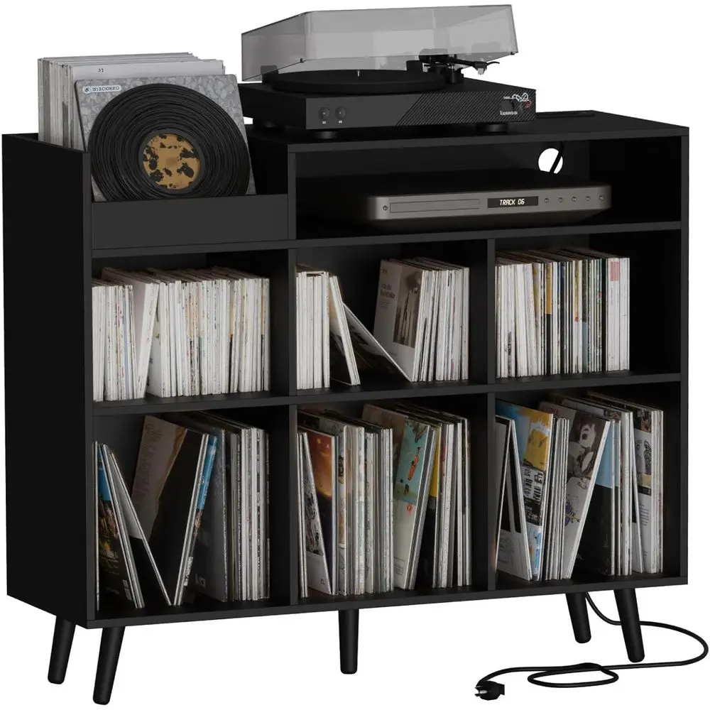 Elegant Large Vinyl Record Stand with Storage Cabinet, Wooden Turntable Table, Holds up to 500 Albums, Cube Organizer for Living