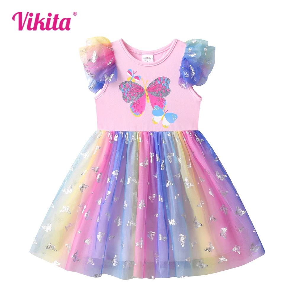 

VIKITA Girls Butterfly Print Dress Kids Flare Sleeve Summer Infantil Vestidos Girls Colorful Mesh Tulle Princess Elegant Dresses