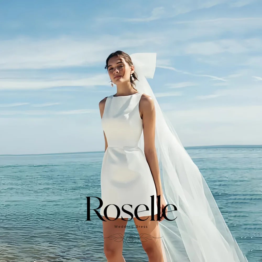 Minimalist Satin Short Wedding Dresses Sleeveless Boat Neck Mini Bridal Gowns Beach Elopement Civil Marriage Simple Bride Outfit