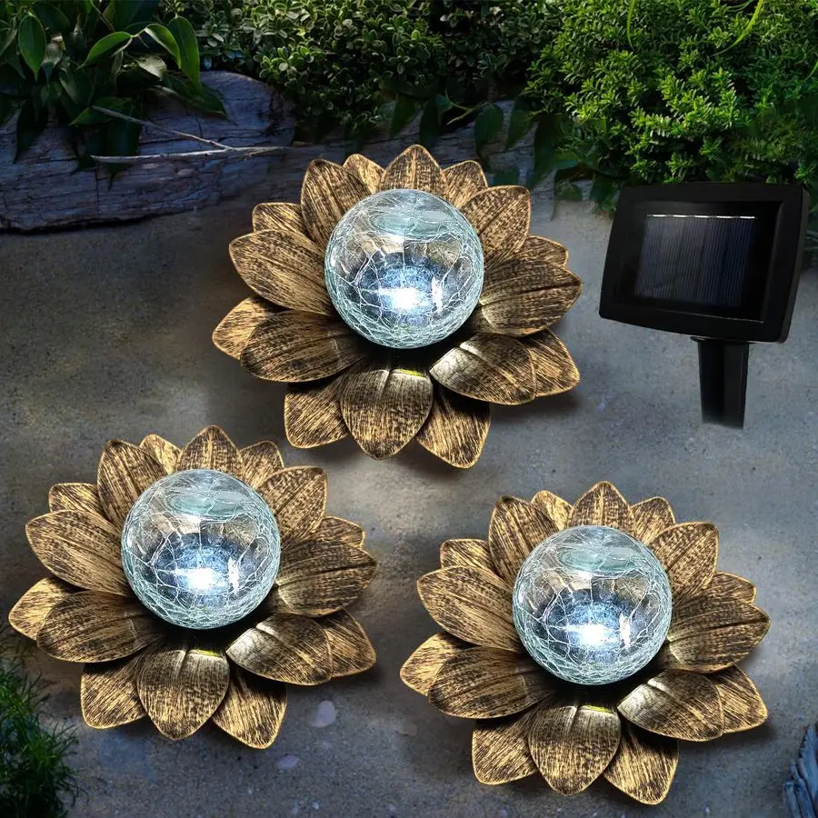 

Solar Garden Lights Outdoor, 3 Pcs Coppery Lotus Flower Pathway Lamps with Cool White Crackle Glass Globe Led Lights for Patio P