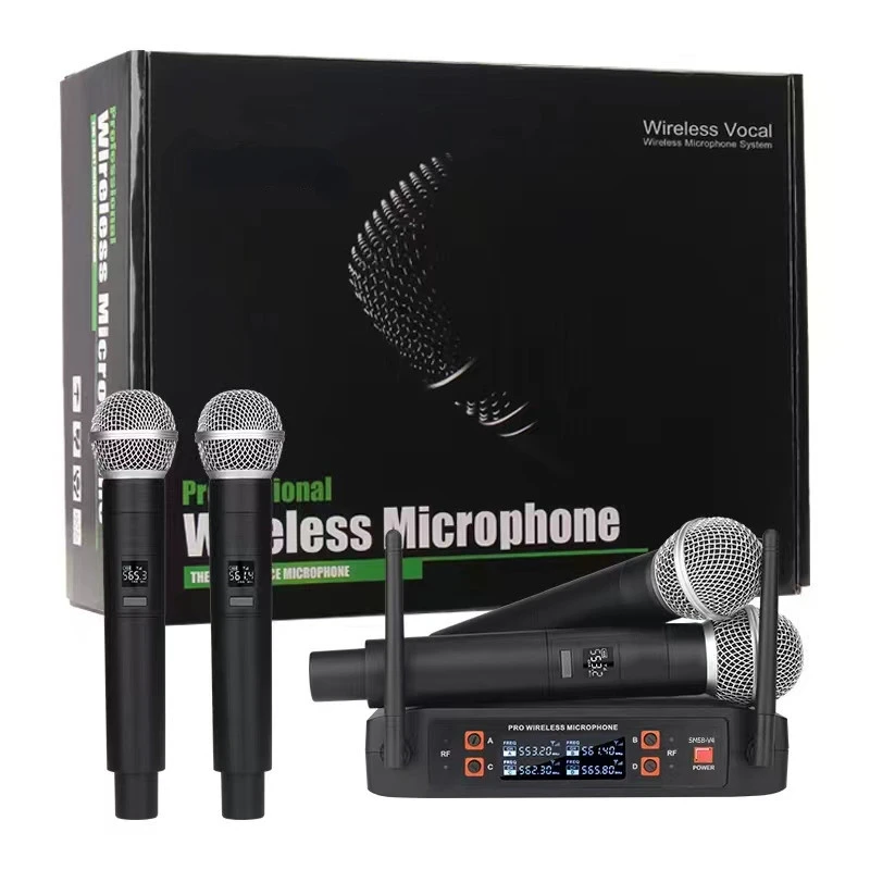 

UHF 4 Channel Wireless Microphone System with 2 Cordless Professiona Handheld Mic Lavalier Headset Mic for Karaoke Party Wedding