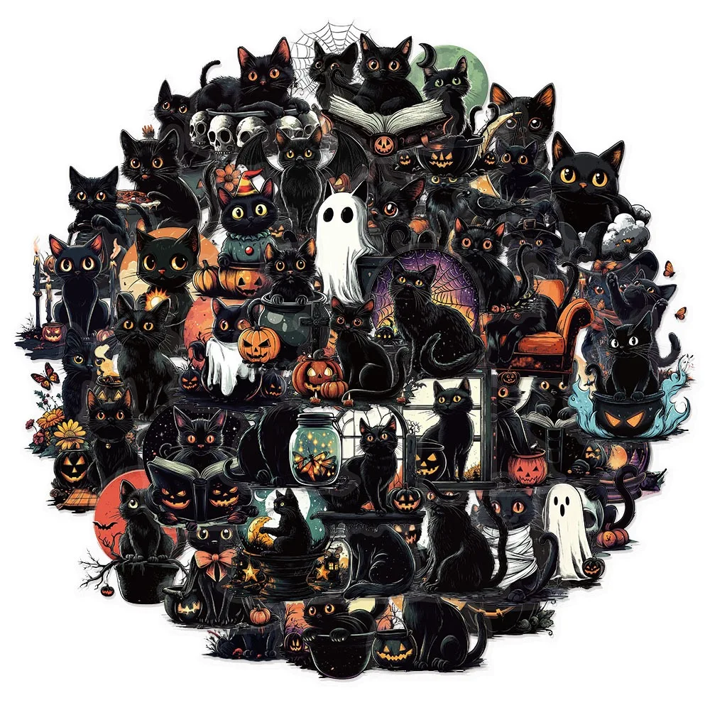 

10/50pcs Halloween Gothic Dark Black Cat Transparent Stickers for Skateboard Suitcase Guitar Bike Cute Animal Waterproof Sticker