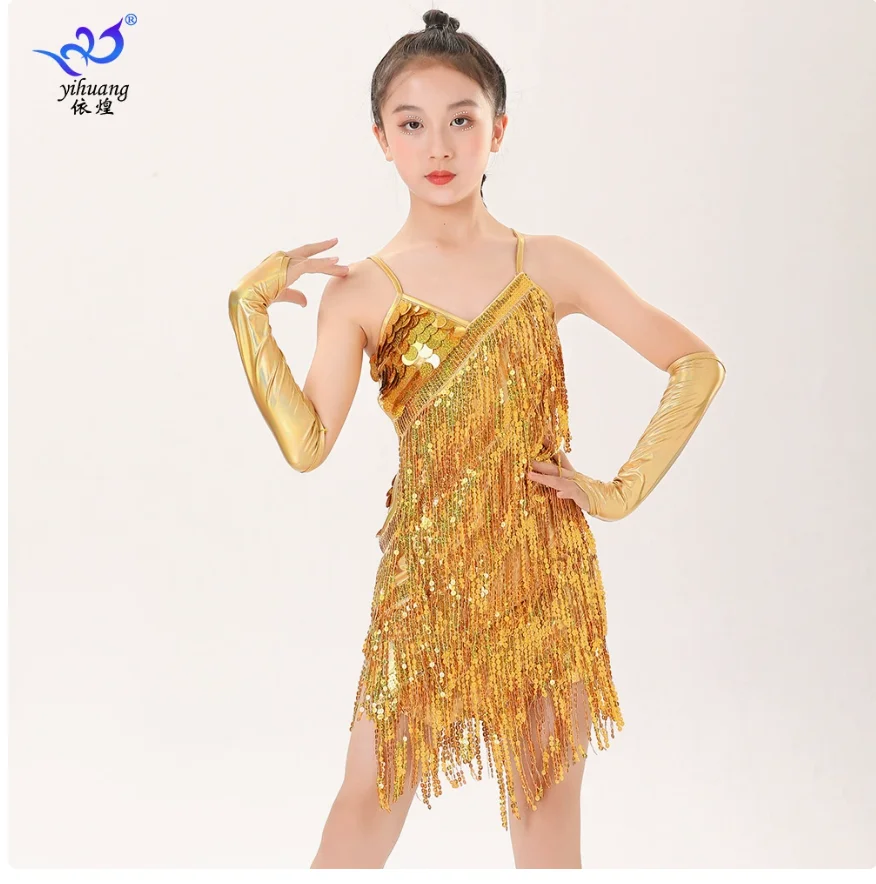 1pcs/lot sequin latin dress kid sexy halter tassel latin dress girls ballroom dancing dress 4colors