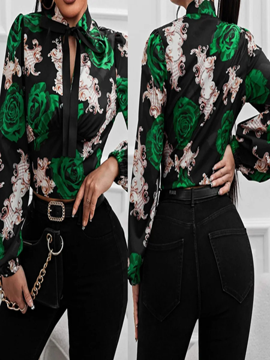 Elegant Women\'s Top Shirt Blouse 2024 Autumn Floral Print Lace Up Fashionable Shirt Camisas E Blusas Топ Жіночний Blusen Damen