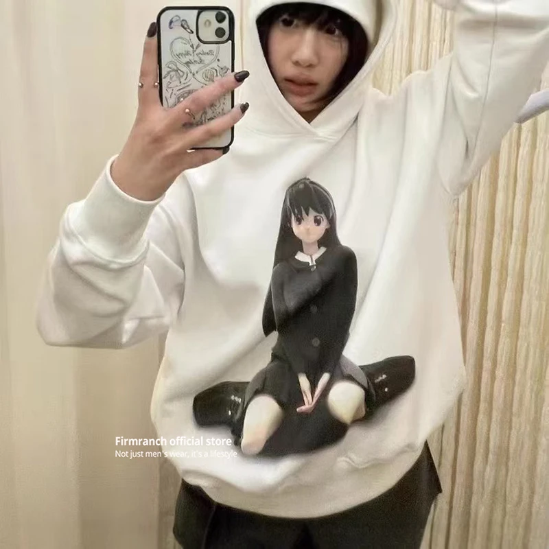 

Firmranch New 2025 Korean Fashion Spring Clothes White Casual Cartoon Girl Printed Hoodies Women Loose Cotton Hood Sweatshirt