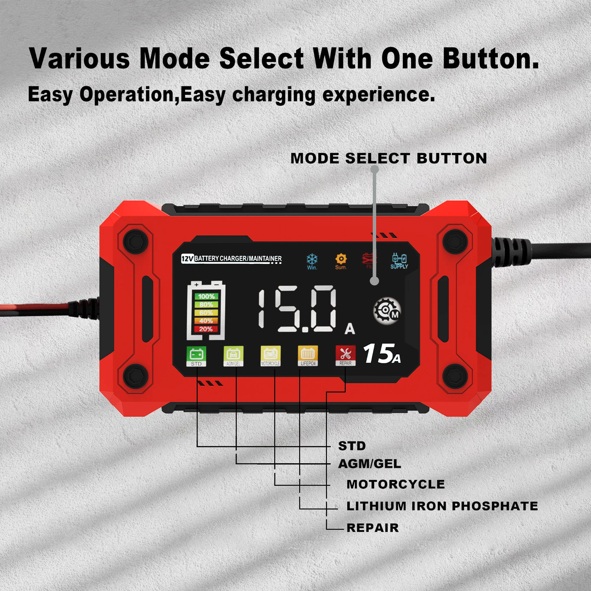 12V 15A Battery Charger for Car Motorcycle Lifepo4 Lead Acid AGM GEL Lithium Iron Phosphate Batteries Smart Charging LED Display