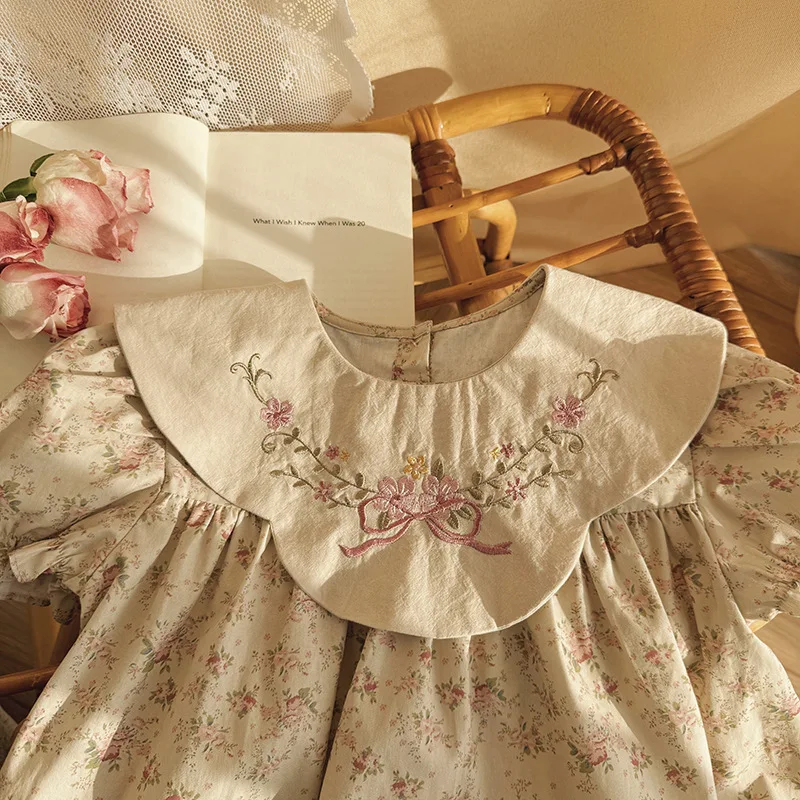 Floral Doll Collar Girls Dress 2026 Summer Flower Embroidery Short Sleeve Children's Skirt