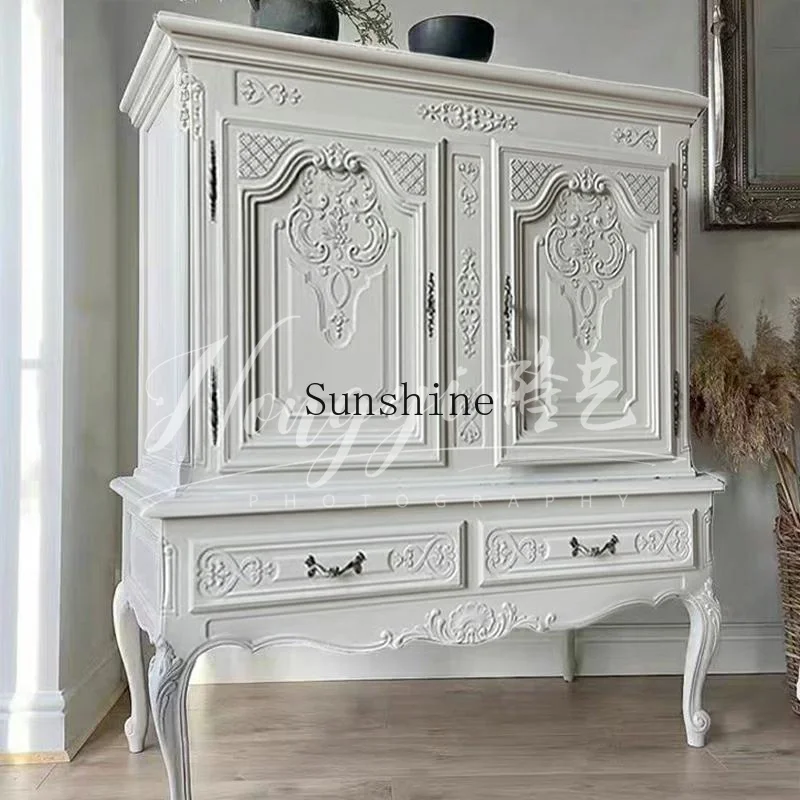 American carved solid wood dining side cabinet small apartment retro decorative cabinet