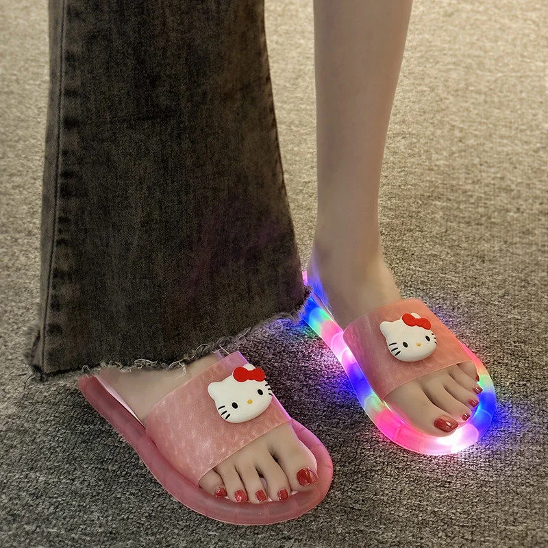 Sanrio Glowing Slippers Women Hello Kitty Summer Outdoor Indoor Shoes Luxury Anti Slip Soft Bottom Slippers Festival Party Gifts