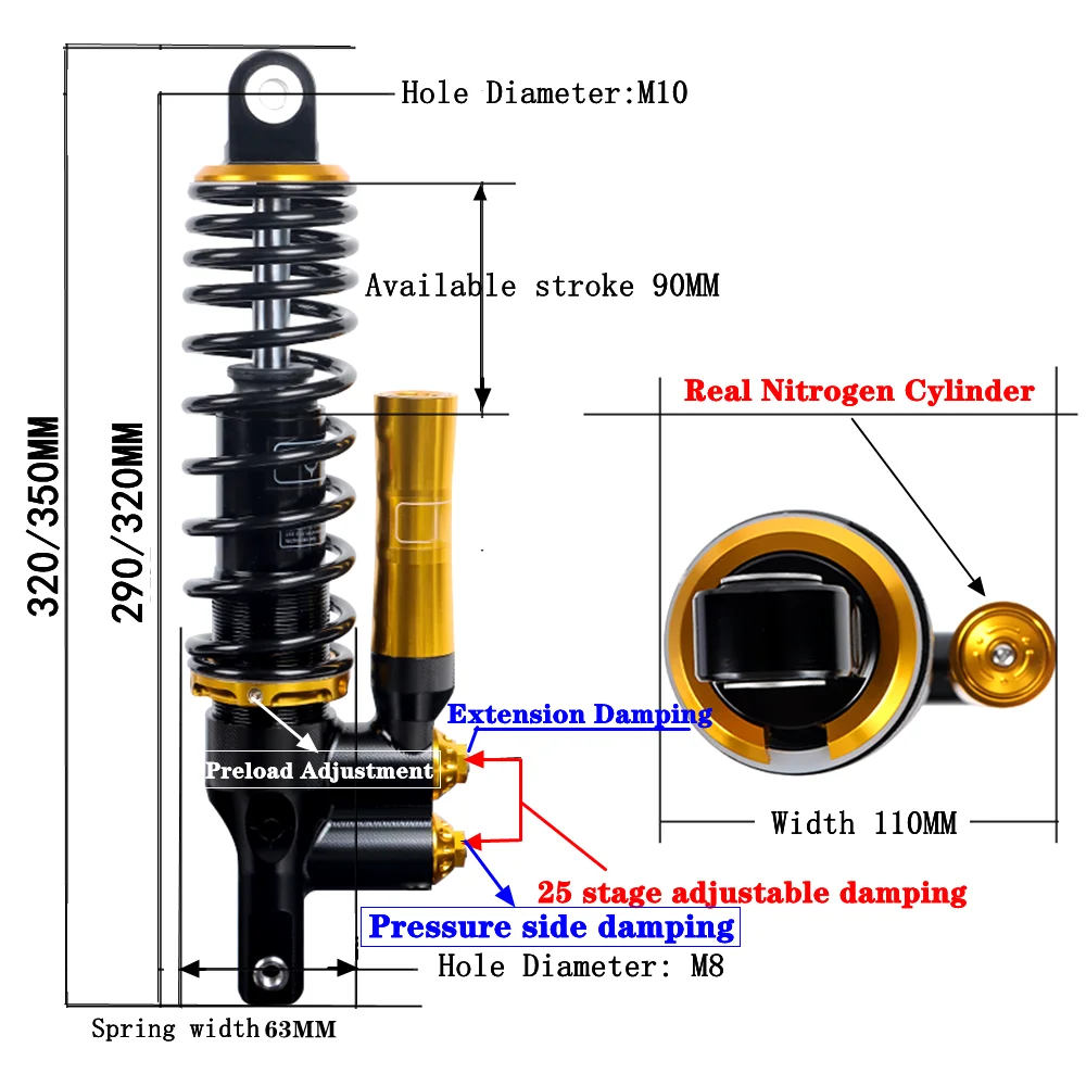 Universal 290/320mm Adjust Damping Invert Rear Shock Absorber For Honda Yamaha Scooter Nmax Nvx Xmax Aerox155 Pcx150 BWS RSZ Niu