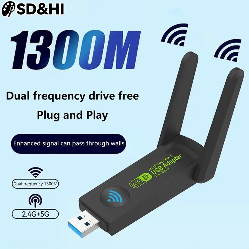 1300Mbps Wifi Usb Adapter Dual Band 2.4G/5Ghz Wi-Fi Dongle 802.11ac Krachtige Antenne Draadloze Ontvanger Voor Pc/Laptop Driver Gratis