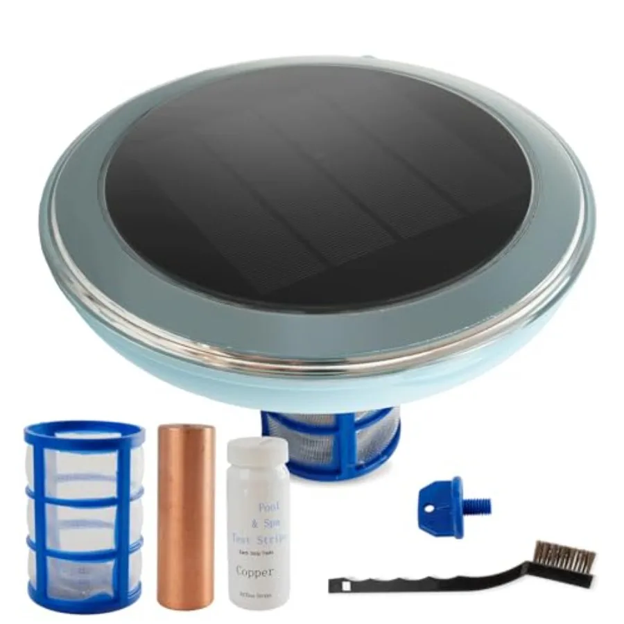 

Solar swimming pool clarifier for 30, 000-gal pools: UV-resistant PVC, blue, reduces chlorine use and prevents cloudy water