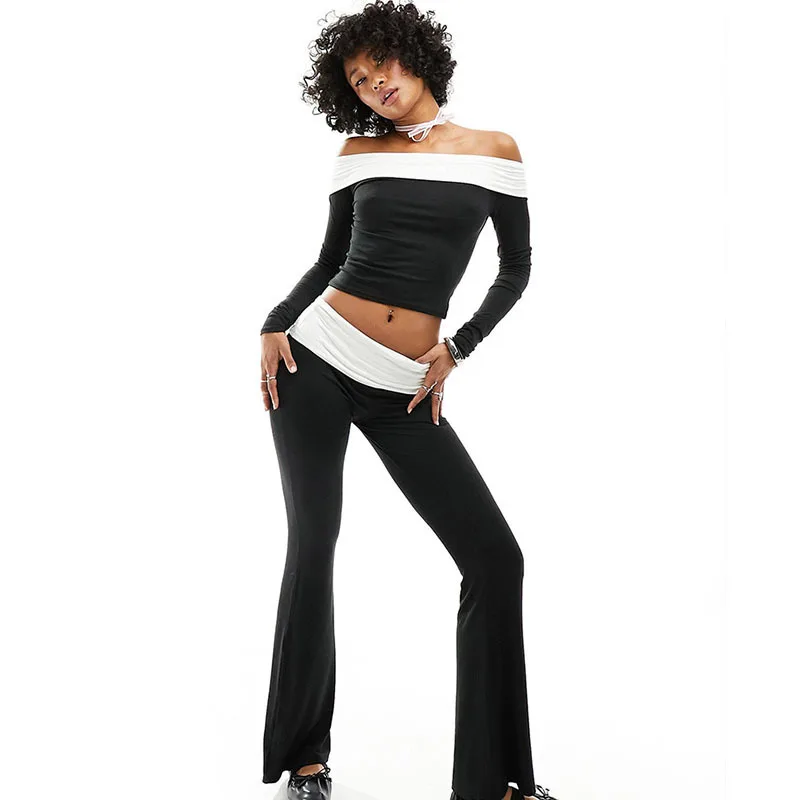 Apprabant Casual Sports Trousers Set Contrast Color Cuffs One Line Shoulder Strapless Open Navel Top High Waist Tight Fit Pants