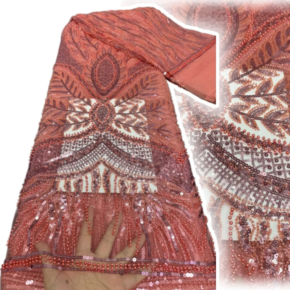 2026 African Beaded Lace Fabric Nigerian Sequin Embroidered Lace French Tulle Lace Fabric Suitable for Party Dress Sewing 2336